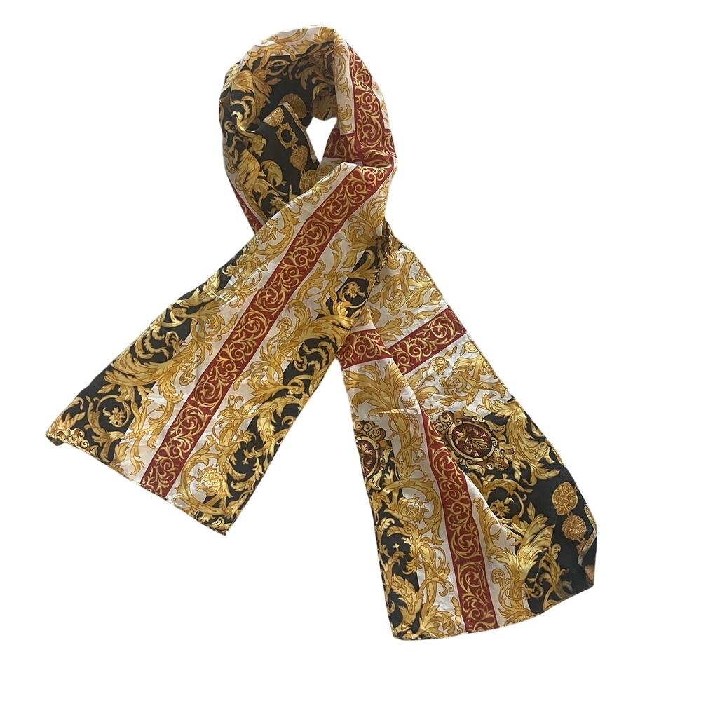 Vintage100% Silk Scarf Black Gold Red Baroque Print Made in Korea